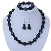 Black, Grey Marble Colour Ceramic Bead Necklace, Flex Bracelet & Drop Earrings Set In Silver Tone - 40cm Length/ 5cm Extension