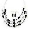 3 Strand Black Glass Bead Wire Necklace & Drop Earrings Set In Silver Tone - 44cm Length/ 5cm Extension