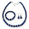 Blue Ceramic Bead Necklace, Flex Bracelet & Drop Earrings With Crystal Ring Set In Silver Tone - 44cm Length/ 6cm Extension