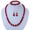 Dark Red Ceramic Bead Necklace, Flex Bracelet & Drop Earrings With Crystal Ring Set In Silver Tone - 44cm Length/ 6cm Extension