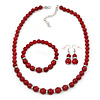 Dark Red Ceramic Bead Necklace, Flex Bracelet & Drop Earrings With Crystal Ring Set In Silver Tone - 44cm Length/ 6cm Extension