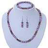 Pink/ Lilac Glass Bead With Crystal Rings Necklace, Flex Bracelet & Drop Earrings Set In Silver Tone - 44cm L/ 5cm Ext