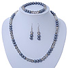 Anthracite/ Light Grey Glass Bead With Crystal Rings Necklace, Flex Bracelet & Drop Earrings Set In Silver Tone - 44cm L/ 5cm Ext