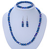 Navy Blue Glass Bead With Crystal Rings Necklace, Flex Bracelet & Drop Earrings Set In Silver Tone - 44cm L/ 5cm Ext