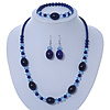 Royal Blue/ Light Blue Ceramic, Glass Bead Necklace, Flex Bracelet & Drop Earrings Set In Silver Tone - 42cm L/ 4cm Ext