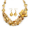 Golden/ Amber/ Yellow Honey Coloured Shell, Glass Bead Floral Necklace & Drop Earrings In Gold Plating - 40cm L/ 7cm Ext