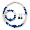 Light Silver Snowflake Metal Rings with Blue Glass Beads Necklace with Magnetic Closure (42cmL), Flex Bracelet (17cmL) and Drop Earring (35mm L) Set