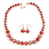 Red Faceted Graduated Beaded Necklace And Drop Earrings Set In Gold Tone - 43cm L/ 4cm Ext