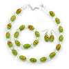 Lime Green Glass 'Grapes' Beaded Necklace, Flex Bracelet And Drop Earrings Set In Silver Tone - 44cm L/ 5cm Ext