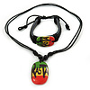 Black One Love Pendant With Waxed Cotton Cord and Leather Bracelet Set - Adjustable