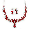 Bridal/ Prom/ Wedding Ruby Red Austrian Crystal Floral Necklace And Earrings Set In Silver Tone - 46cm L/ 5cm Ext