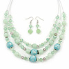 Mint Green Glass & Ceramic Bead Multi Strand Wire Necklace & Drop Earrings Set In Silver Tone - 48cm L/ 4cm Ext