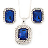 Sapphire Blue/ Clear Crystal Square Pendant with Silver Tone Chain and Stud Earrings Set - 44cm L/ 5cm Ext