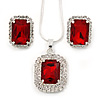 Red/ Clear Crystal Square Pendant with Silver Tone Chain and Stud Earrings Set - 44cm L/ 5cm Ext