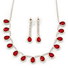 Bridal/ Wedding/ Prom Siam Red/ Clear Austrian Crystal Necklace And Drop Earrings Set In Silver Tone - 36cm L/ 11cm Ext