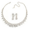 Bridal Clear Crystal Choker Necklace & Drop Earring Set In Silver Tone Metal - 33cm L/ 11cm Ext