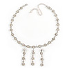 Delicate Bridal Simulated Pearl/ Crystal Floral Y-Necklace & Drop Earring Set In Silver Metal - 39cm L/ 12cm Ext