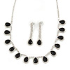 Bridal/ Wedding/ Prom Jet Black/ Clear Austrian Crystal Necklace And Drop Earrings Set In Silver Tone - 36cm L/ 11cm Ext