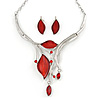 Romantic Glass, Crystal Red Leaf V Shape Necklace & Stud Earrings In Silver Tone Metal - 40cm L/ 8cm Ext - Gift Boxed