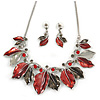 Stunning Enamel, Crystal Multi Leaf Necklace and Drop Earrings Set In Rhodium Plating (Grey/ Red) - 40cm L/ 6cm Ext - Gift Boxed
