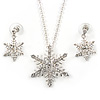 Clear Austrian Crystal Snowflake Pendant With Silver Tone Chain and Drop Earrings Set - 46cm L/4cm Ext - Gift Boxed