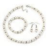7mm White Faux Pearl Glass Bead with Crystal Rings Necklace, Flex Bracelet & Drop Earrings Set In Silver Plating - 40cm L/ 5cm Ext