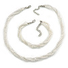 3 Strand Faux Pearl and Clear Glass Bead Twisted Necklace & Bracelet Set In Silver Tone - 40cm L/ 5cm Ext