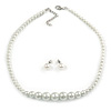 White Graduated Glass Faux Pearl Necklace & Drop Earrings Set In Silver Plating - 44cm L/ 4cm Ext