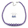 Purple Graduated Glass Bead Necklace & Drop Earrings Set In Silver Plating - 44cm L/ 4cm Ext