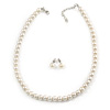 8mm Cream Faux Pearl Glass Bead Necklace and Stud Earrings Set with Silver Tone Closure - 40cm L/ 4cm Ext