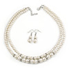 2 Strand White Faux Pearl Glass Bead Necklace and Drop Earrings Set - 45cm L/ 4cm Ext
