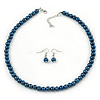 8mm Dark Blue Glass Bead Necklace and Drop Earrings with Silver Tone Closure - 45cm L/ 5cm Ext
