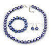 12mm Purple Glass Bead Necklace, Flex Bracelet & Drop Earrings Set In Silver Plating - 46cm L/ 5cm Ext