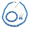 5mm, 7mm Electric Blue Glass/Crystal Bead Necklace, Flex Bracelet & Drop Earrings Set In Silver Plating - 42cm L/ 5cm Ext