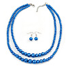 2 Strand Layered Electric Blue Graduated Glass Bead Necklace and Drop Earrings Set - 50cm L/ 4cm Ext