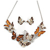 Statement Brown Enamel, Glass Butterfly Necklace and Stud Earrings Set In Rhodium Plating - 41cm L/ 7cm Ext