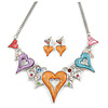 Romantic Multicoloured Glass, Crystal Multi Heart Necklace and Drop Earrings Set In Rhodium Plating - 40cm L/ 8cm Ext