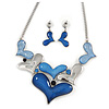 Blue Glass, Crystal Heart Necklace and Drop Earrings Set In Silver Tone - 42cm L/ 7cm Ext