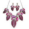 Statement Purple/ Magenta Glass, Crystal Leaf Necklace and Drop Earrings In Rhodium Plating - 40cm L/ 8cm Ext