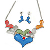 Multicoloured Glass Heart Necklace and Drop Earrings Set In Silver Tone - 42cm L/ 7cm Ext