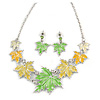 Yellow/ Green Enamel Maple Leaf Necklace and Drop Earrings Set In Rhodium Plating - 41cm L/ 7cm Ext