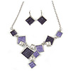 Avant Garde Purple Enamel Geometric Square Station, Clear Crystal Necklace and Drop Earrings Set In Rhodium Plating - 42cm L/ 7cm Ext