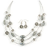Multistrand Light Grey Glass and Ceramic Bead Wire Necklace & Drop Earrings Set - 48cm L/ 5cm Ext