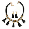 Statement Black Leather Tassel with Gold/ Silver Ring Detailing Necklace and Drop Earrings - 43cm L/ 5cm Ext