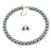 10mm Grey Glass Bead Choker Necklace & Stud Earrings Set - 37cm L/ 4cm Ext