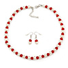 Red Glass Bead, White Glass Faux Pearl Neckalce & Drop Earrings Set with Silver Tone Clasp - 40cm L/ 4cm Ext