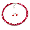 8mm Cranberry Red Glass Bead Choker Necklace & Stud Earrings Set - 37cm L/ 5cm Ext