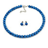 8mm Blue Glass Bead Choker Necklace & Stud Earrings Set - 37cm L/ 5cm Ext