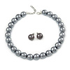 14mm Grey Glass Bead Choker Necklace & Stud Earrings Set - 37cm L/ 5cm Ext