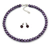 8mm Purple Glass Bead Choker Necklace & Stud Earrings Set - 37cm L/ 5cm Ext